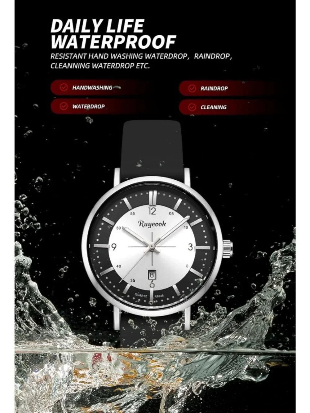 Women Black Silver Analog Quartz Silicone Band Calendar Date Display Wrist Watch